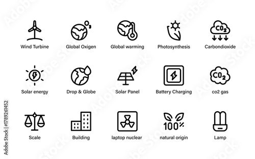 Eco Energy and Sustainability Icons Collection. Renewable Power, Green Technology, Nature, and Environmental Solutions.