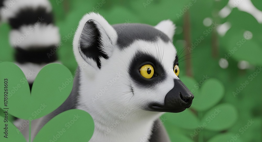 Naklejka premium Close up of a ring tailed lemur with yellow eyes amidst green leaves and blurred background