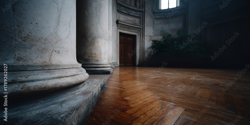 Fototapeta premium Large, empty room with wooden floors and pillars