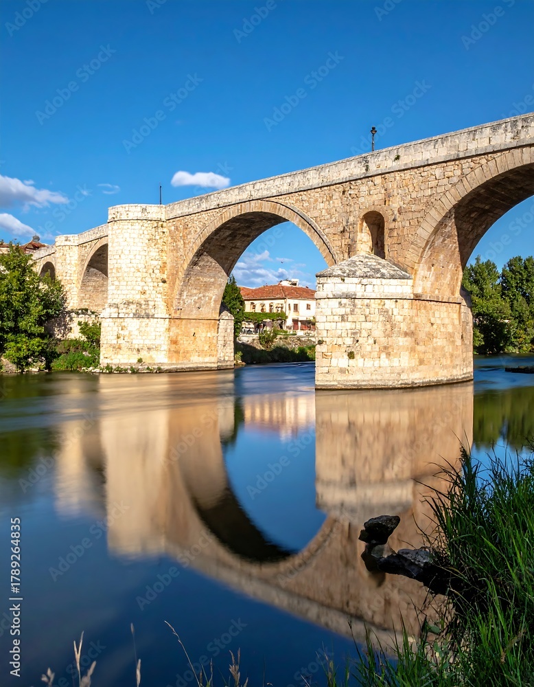 Fototapeta premium Stone arched bridge over river with reflections on water, under blue sky