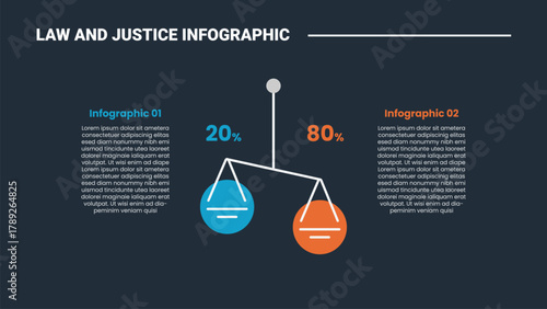 Law and justice infographic process diagram with simple scale with comparison opposite with dark background bright outline style 2 points