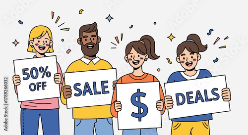 Happy diverse friends showing signs for incredible shopping discounts, special promotions, and great price deals