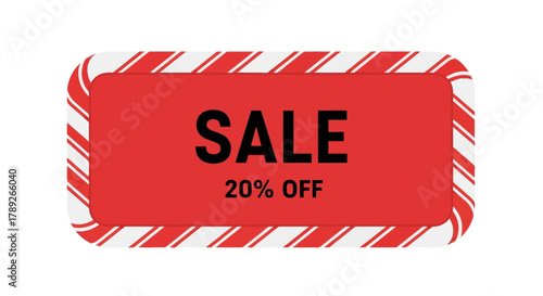 Vector illustration of a festive red Christmas sale banner offering a twenty percent discount. Retail tag with a candy cane striped border isolated on white