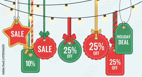 Holiday Sale: Festive price tags showcase cheerful holiday deals and discounts, featuring vibrant colors and seasonal decorations that capture the spirit of savings. 