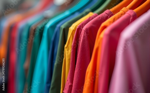 Wallpaper Mural Close up of colorful clothes in vibrant colors in second hand clothing shop, charity shop, thrift store, street market. High quality Torontodigital.ca