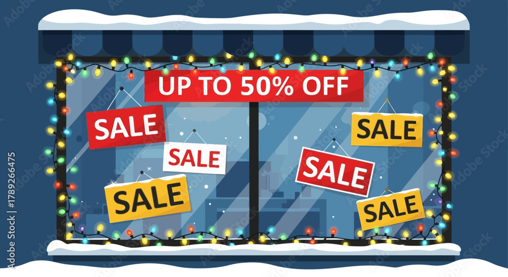 Fototapeta premium Holiday Sale Display: A festive storefront window showcases an array of vibrant SALE signs, adorned with twinkling lights and a generous UP TO 50% OFF banner.
