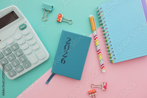 Colorful desk setup with 2026 planner and office supplies
