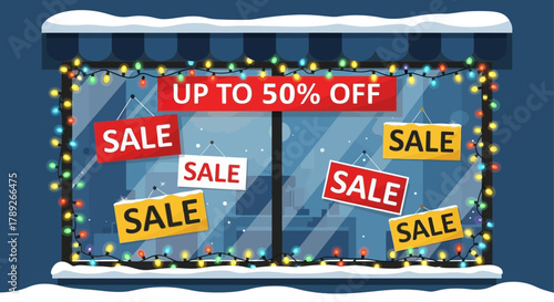 Holiday Sale Display: A festive storefront window showcases an array of vibrant SALE signs, adorned with twinkling lights and a generous UP TO 50% OFF banner.