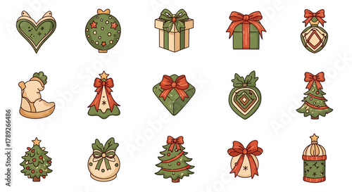 Festive Ornaments: A charming array of Christmas decorations including star, gift box, bauble and Christmas tree, perfect for adding a touch of holiday cheer to any project. 