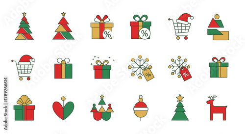 Christmas icons set with tree Santa snowman gifts and holiday decorations cartoon vector illustration