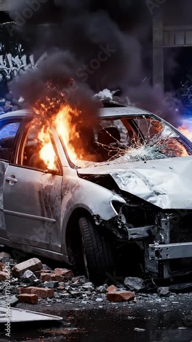 Intense urban car fire with billowing smoke and rising flames amidst chaos