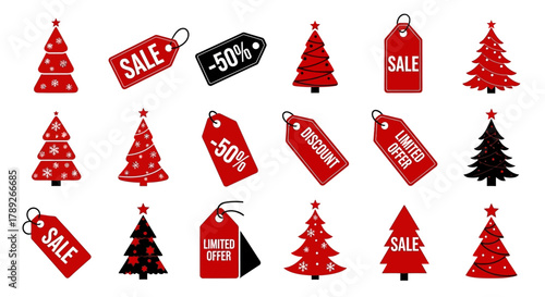 Christmas Sale Extravaganza: A festive collection of Christmas trees and price tags, evoking excitement and savings during the holiday season.
