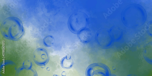 Soap bubbles floating in a blue sky background. blue abstract background air bubbles water. Bubbles Abstract Background. Group of Blue Soap Bubbles Float In The Dark.