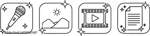 Microphone landscape film document icons with sparkles mountains film strip