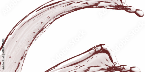 A close-up shot of red wine elegantly pouring into a wine glass, isolated on a white background, Elegant Water Splash with Droplets in a Rose Tinted Hue Creating a Crown Like Shape and a Dynamic.