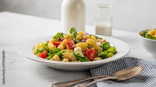 Pasta salad tomatoes spinach red onion and cauliflower in a white plate on a marble surface with utensils and milk bottles