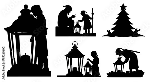 Vector Illustration of Family Lighting Lanterns in Black and White Silhouette Style with Fir Tree and Animals Vector Graphic for Print Material and Decoration Projects