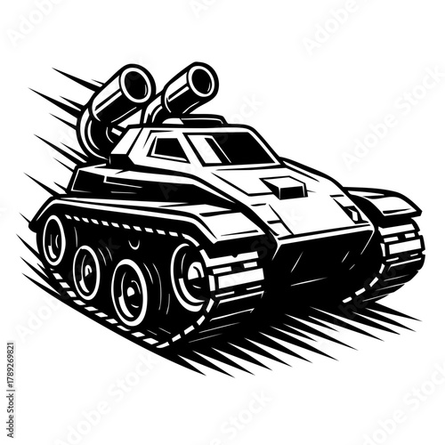 Monochrome vector drawing of a tank transformed into a speed racer with turbo exhausts and exposed