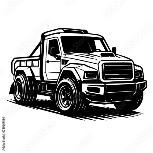 Black and white vector illustration of a converted military truck built for racing with wide tires and aggressive stance
