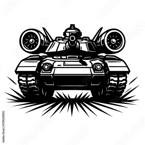 Monochrome detailed vector design of a hybrid tank with jet engines and aerodynamic body