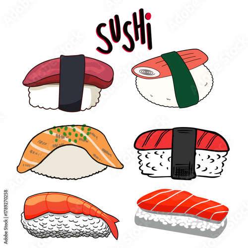 Various Nigiri Sushi Cartoon Illustration Set