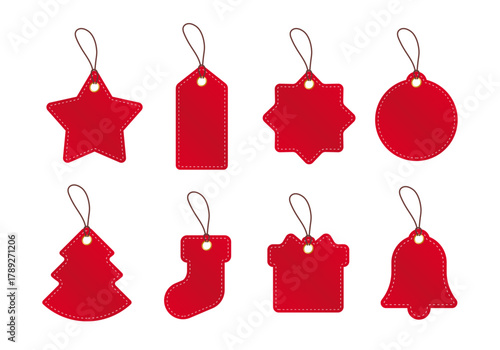 赤いクリスマスタグ・レザー調タグセット（8種類・飾り／オーナメント）