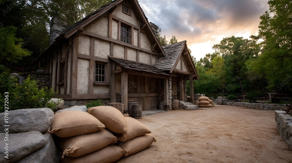 Obraz premium Rustic timber framed building with burlap sacks of grain at twilight