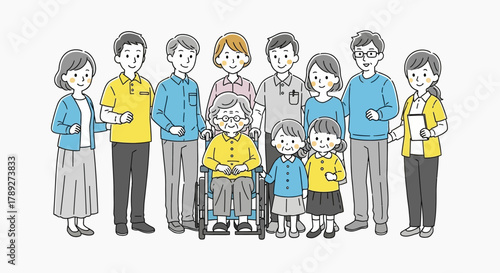 Diverse Intergenerational Group with Elderly in Wheelchair - Community Care Illustration