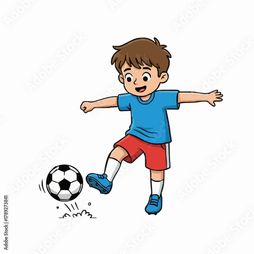 Little Boy Playing Soccer in a Blue Shirt
