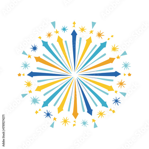 A symmetrical, abstract design featuring radiating lines and star-like shapes in blue and yellow hues.