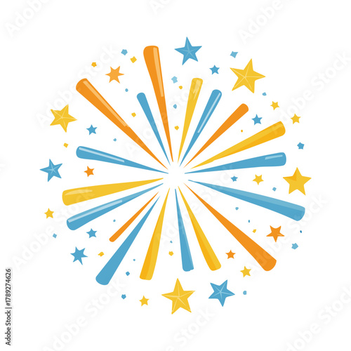 Stylized vector illustration of a firework burst with blue and yellow rays and star accents on a white background.