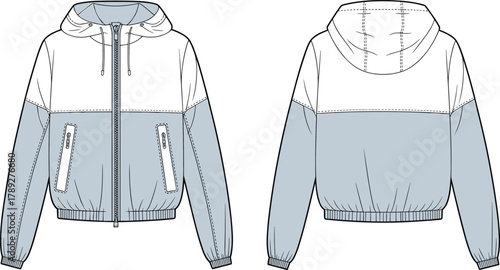 Technical flat sketch hooded jacket, color block fashion outerwear design, garment construction, apparel template, vector CAD drawing, clothing outline illustration