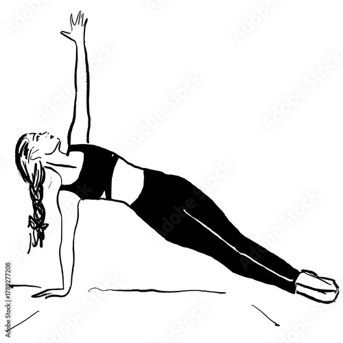 Woman doing yoga hand drawn vector illustration. 
women's fitness illustration: pilates side plank