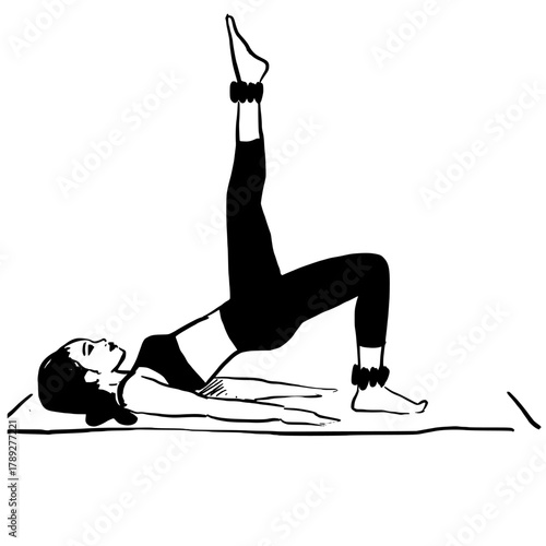 Woman doing yoga or pilates on a mat with ankle weights.  Hand drawn vector illustration of women's fitness illustration