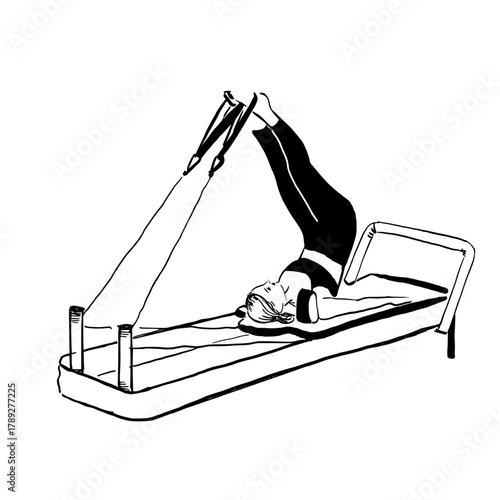 Woman doing Reformer pilates hand drawn vector illustration. 
women's fitness illustration