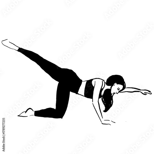 Woman doing yogaor mat pilates. Hand drawn vector women's fitness illustration