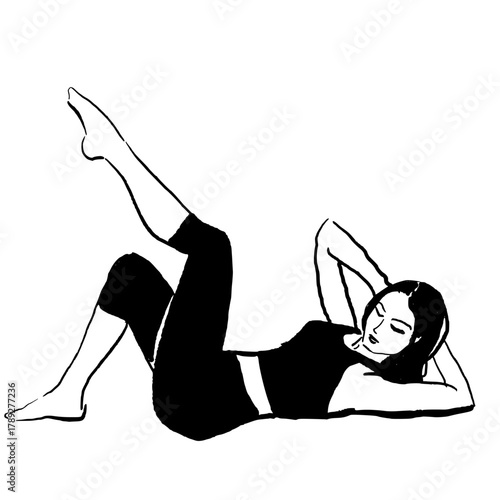 Woman doing yoga  ab exervises hand drawn vector illustration. 
women's fitness illustration: piates