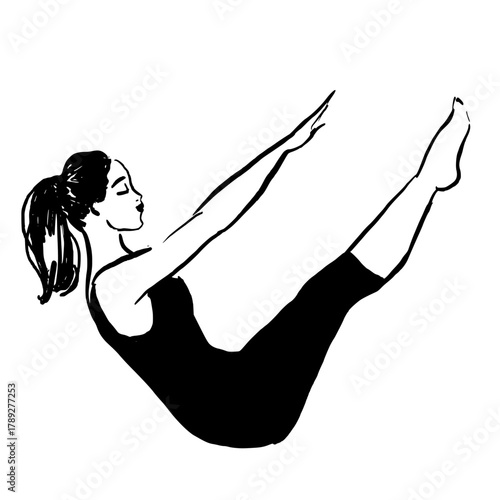 Woman doing yoga  ab exervises hand drawn vector illustration. 
women's fitness illustration: piates bat pose