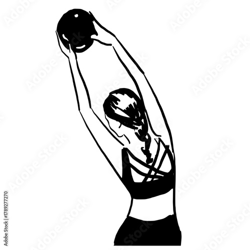 Woman doing yoga hand drawn vector illustration. 
woman with a long brain doing upper body pilates exercises with a weighted ball
