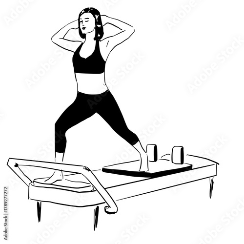 Woman doing reformer pilates hand drawn vector illustration. 
women's fitness illustration