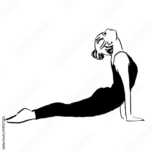 Woman doing yoga in cobra pose hand drawn vector illustration. 
women's fitness illustration 