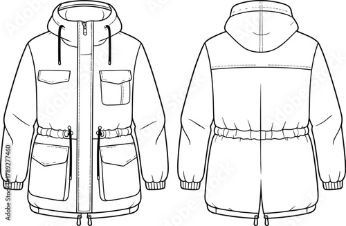Technical flat sketch parka jacket, hooded outerwear design, garment construction, apparel fashion template, vector CAD drawing, clothing outline, flat illustration