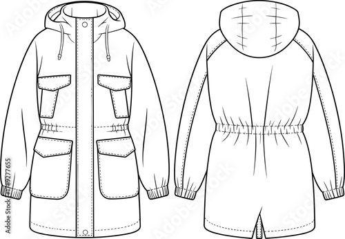 Technical flat sketch parka jacket, hooded outerwear fashion design, garment construction, apparel template, vector CAD drawing, clothing outline, flat illustration