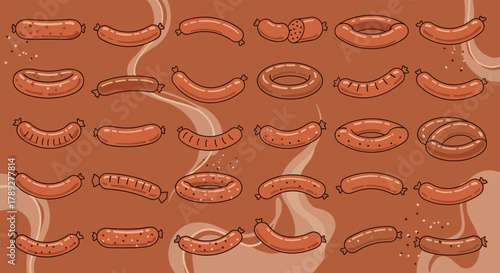 A vibrant and diverse collection of cartoon-style sausages, featuring various shapes and seasonings, displayed with appetizing steam and scattered spices.