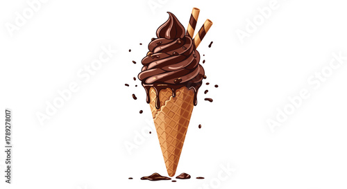Delicious chocolate soft serve ice cream in a crisp waffle cone, adorned with two wafer sticks and scattered chocolate sprinkles, for a sweet summer treat.