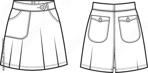 Women’s pleated skirt flat sketch, cad drawing flat vector illustration, fashion technical template with waistband, fly front, pockets garment design