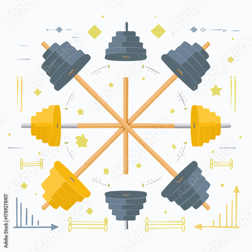 An abstract vector illustration featuring barbells and weight plates arranged in a circular, data-inspired pattern, symbolizing strength and progress.