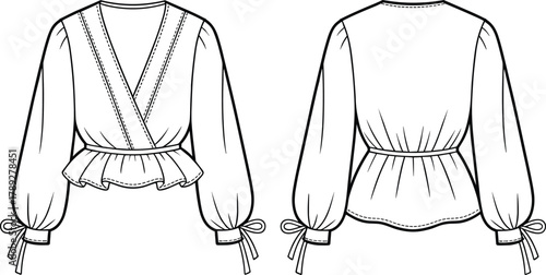 Women’s wrap blouse flat sketch, cad drawing flat vector illustration, fashion technical template with puff sleeves, peplum hem garment design