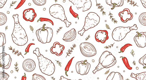 A rustic hand-drawn seamless pattern showcasing fresh cooking ingredients like chicken, peppers, onions, and herbs, ideal for food-related designs.