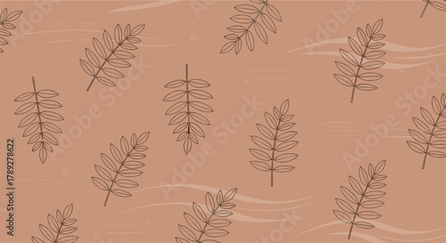 Earthy brown seamless pattern featuring intricately sketched fern-like leaves and subtle abstract background textures for a natural design.